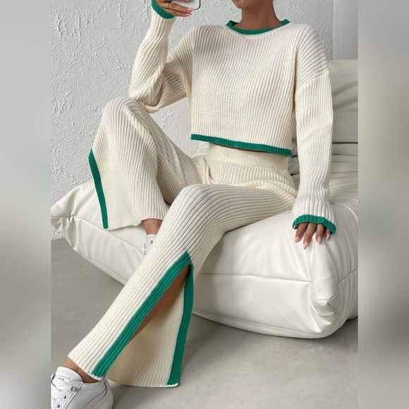 Pants - Contrast Trim Drop Shoulder Sweater & Split Hem Knit Pants